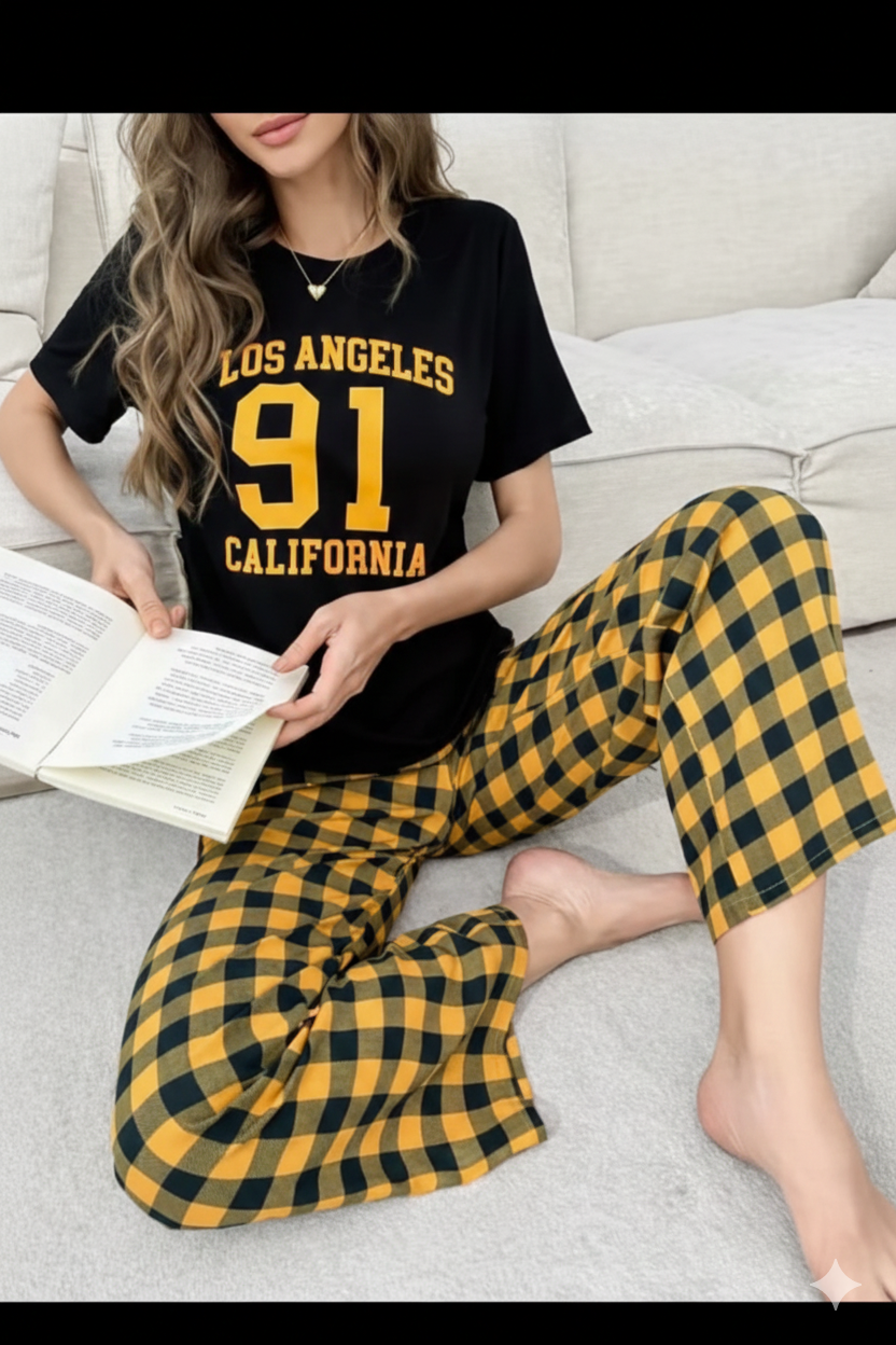 Black Los Angeles California Print Half Sleeves Night Suit (RX-382)