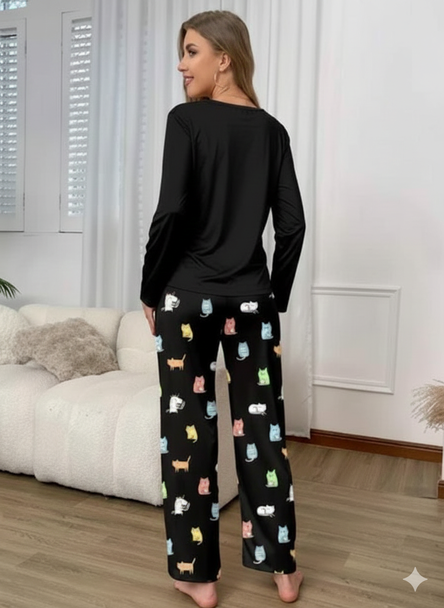 Black Cats Print Full Sleeves Night Suit (RX-381)