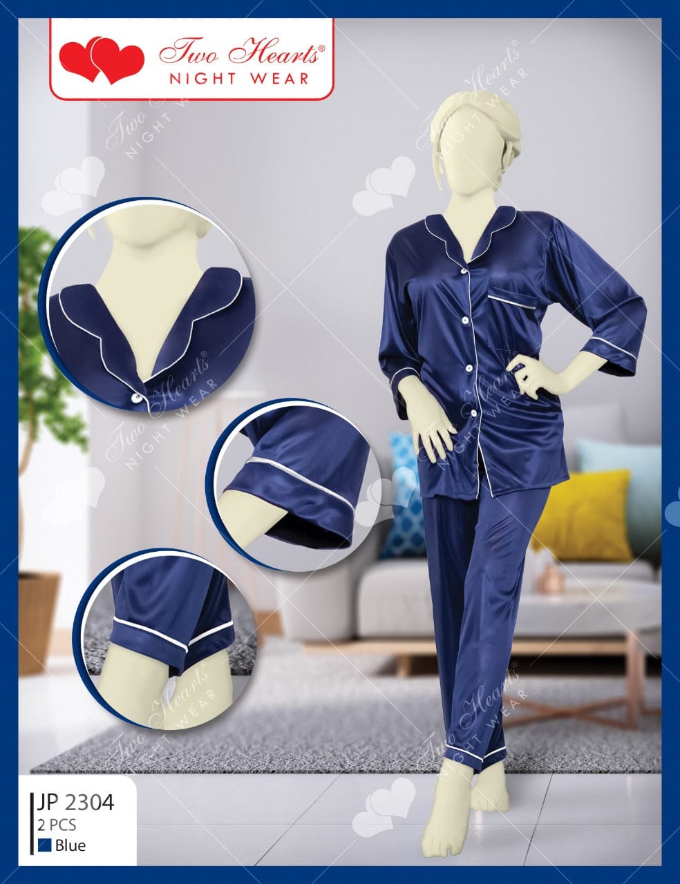 2 Piece Collar Neck Silk Lounge Wear 2304